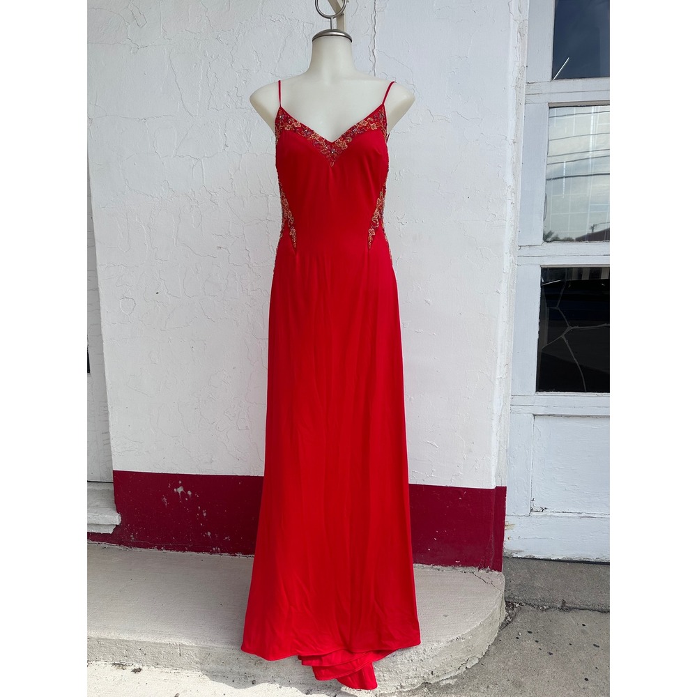 B'Dazzle Alyce Red Beaded Maxi Dress Y2K Prom Formal Gown Size 4